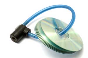 Image of several data CDs locked together with a bicycle lock - depicting electronic data security